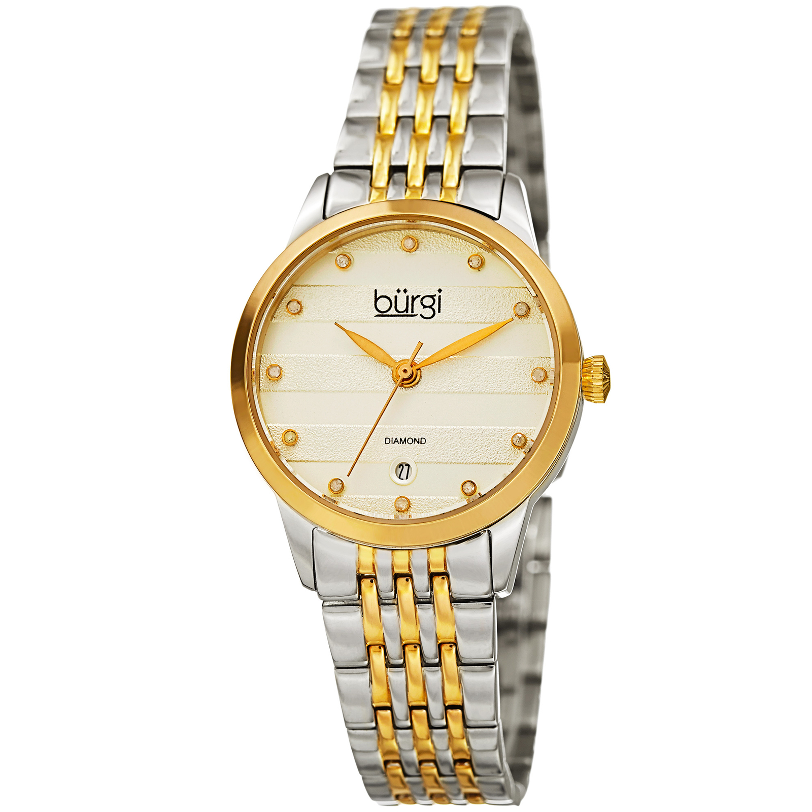 Women’s Burgi BUR146TTG Embossed Horizontal Design 12 Diamond Dial Date Watch