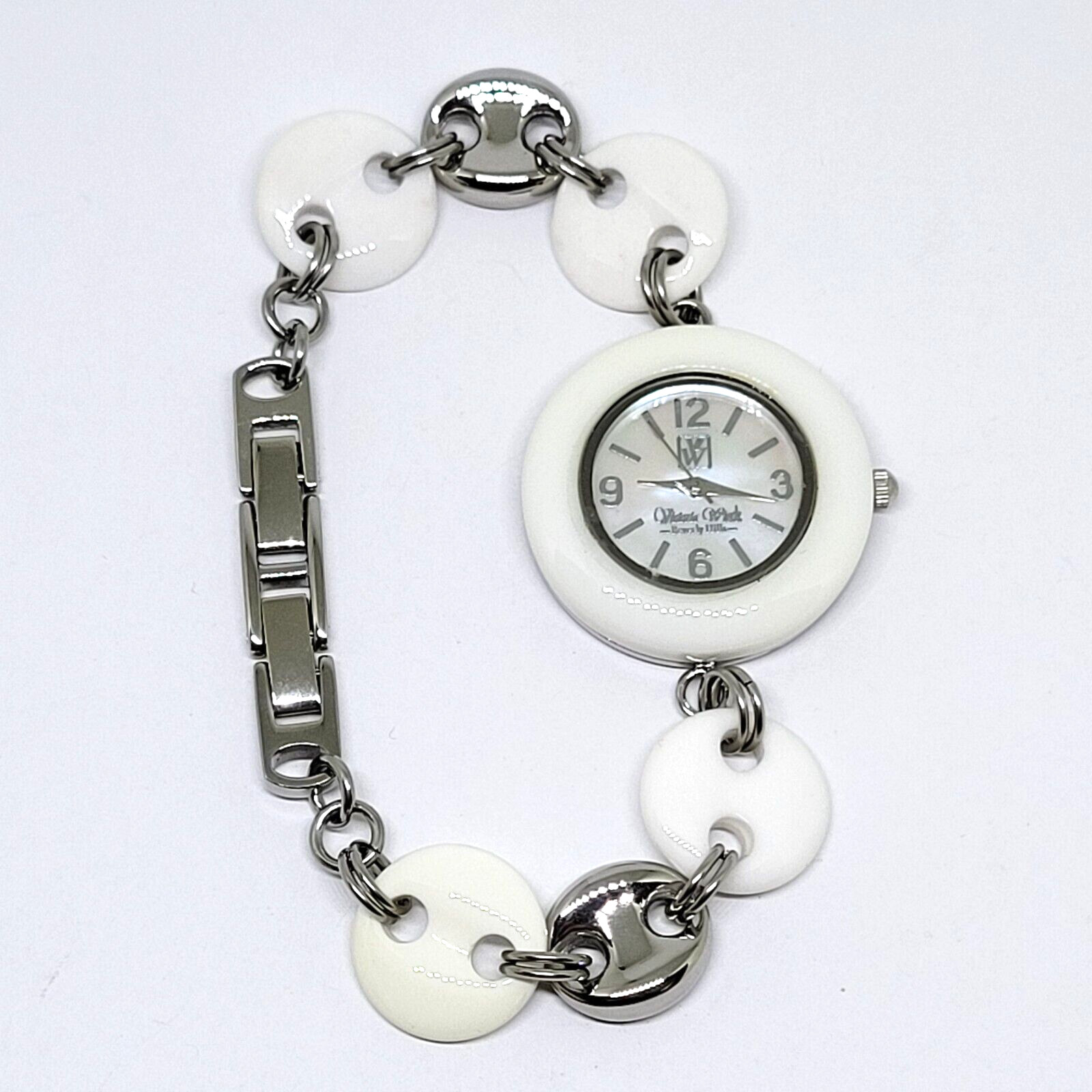 Victoria Wieck White Onyx Link Mother of Pearl Watch Silver Tone Accents