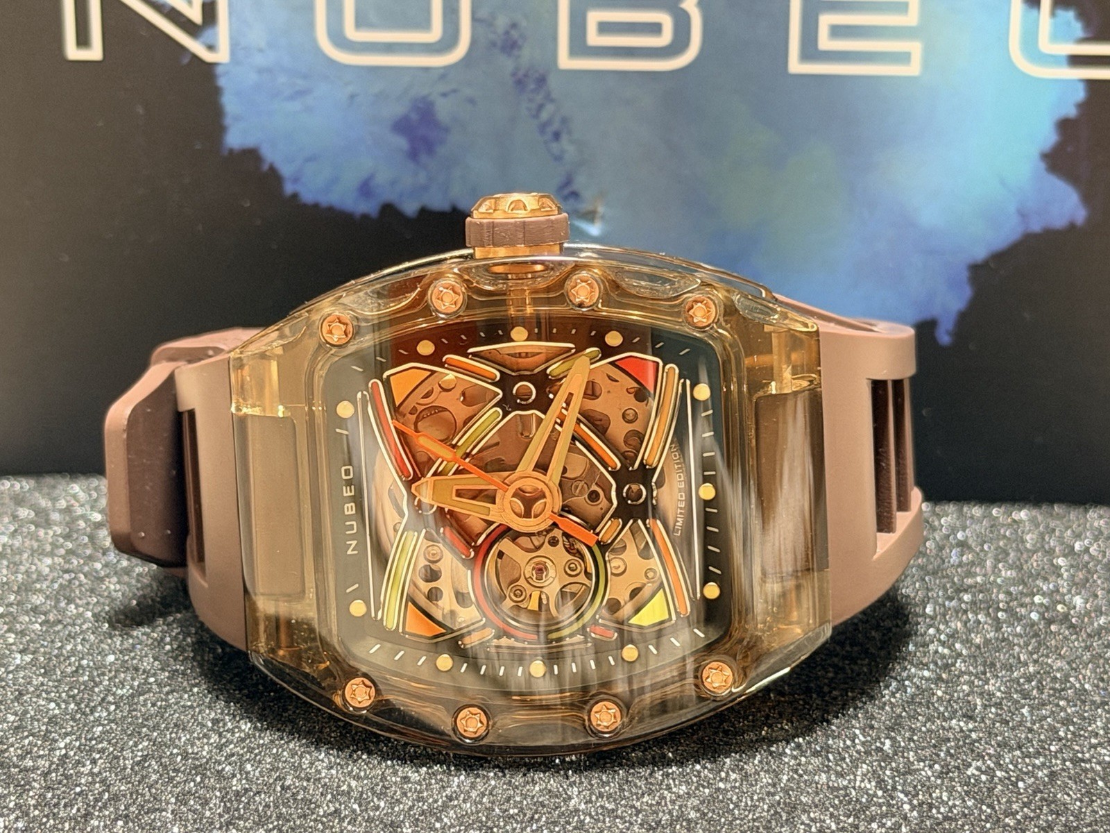 Nubeo IceBridge Limited Edition Skeleton Automatic Watch Brown Rubber Strap