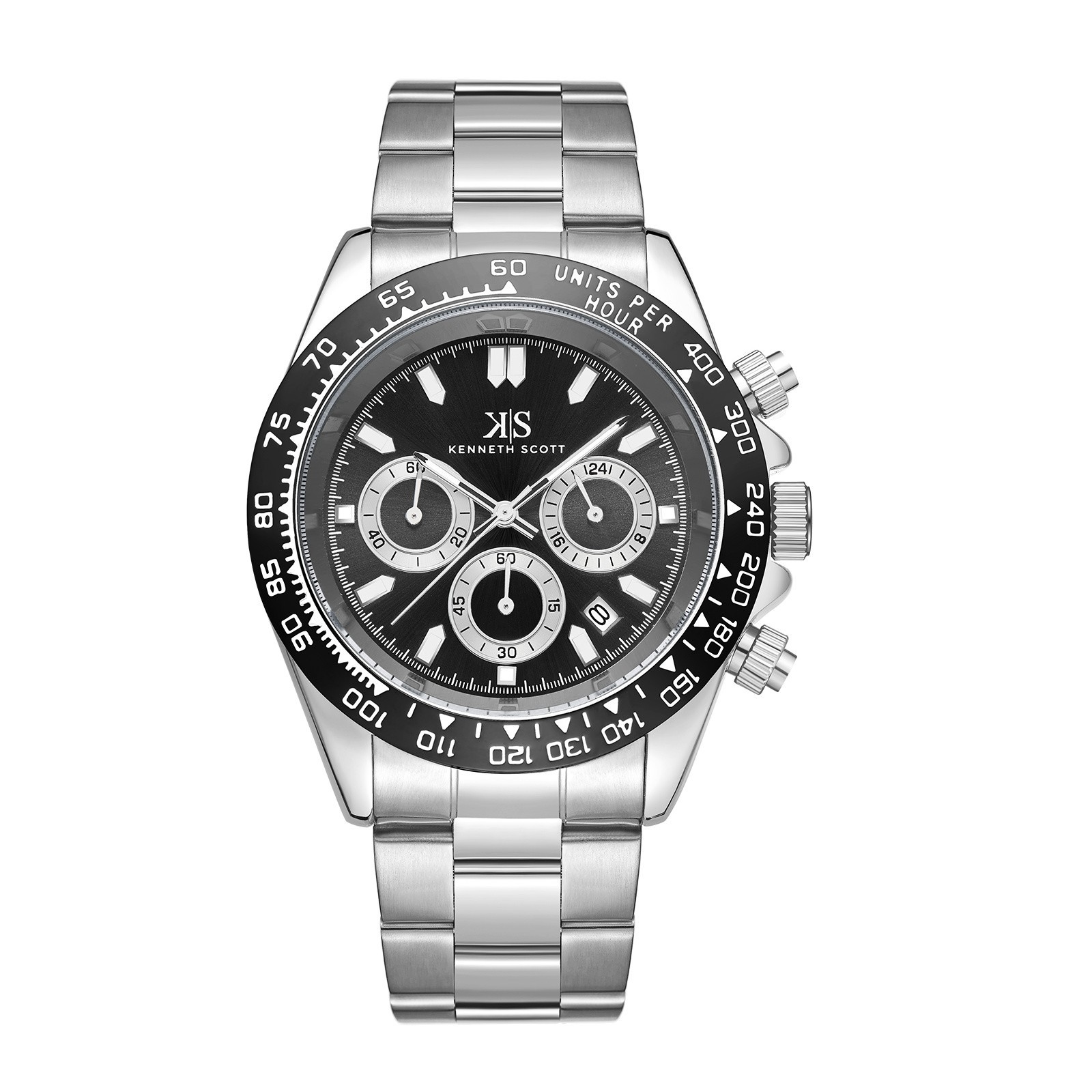 Kenneth Scott Men’s Multi Function Watch | Black Dial, Silver Case & Strap