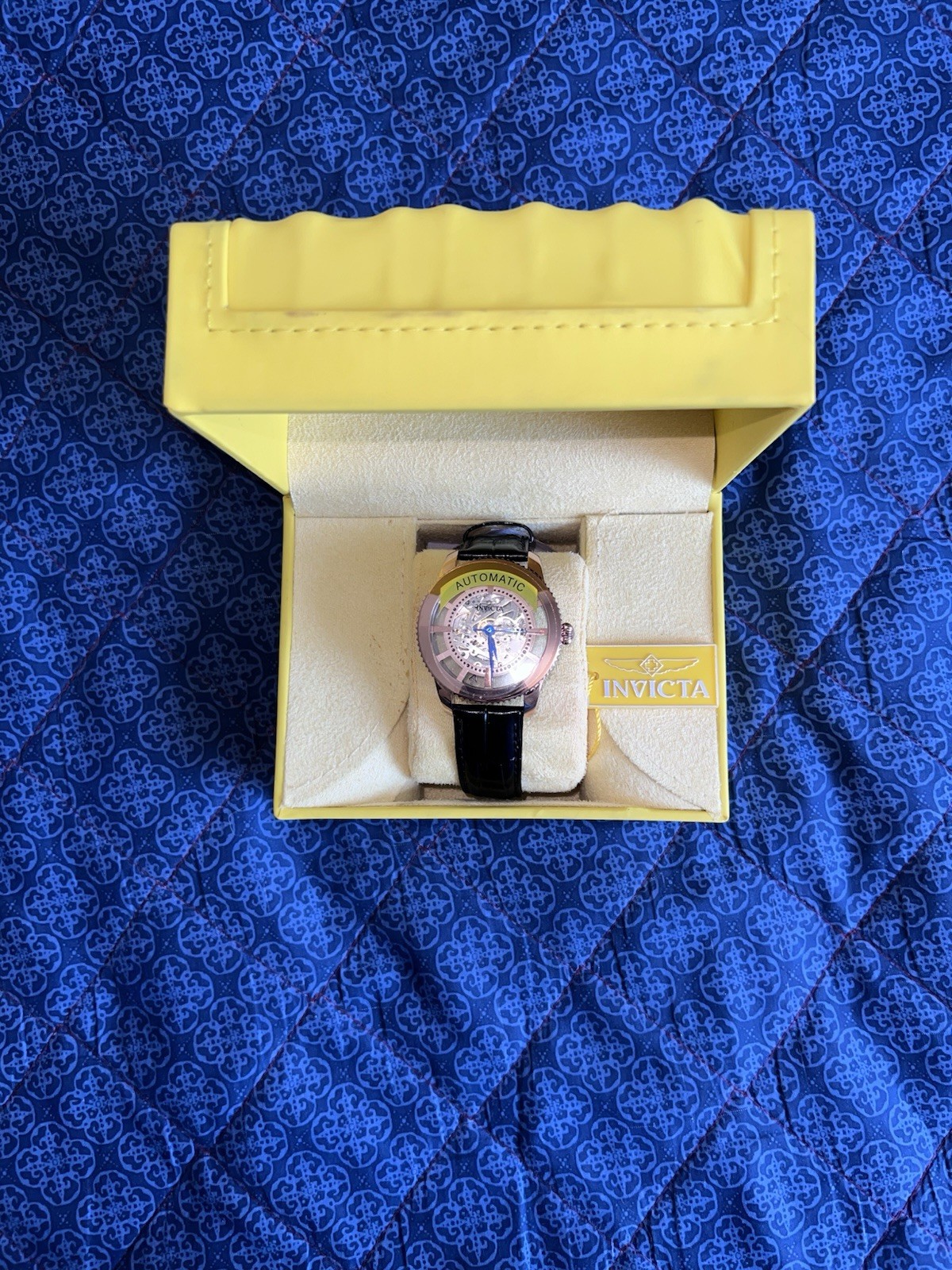 Invicta Men’s Automatic Skeleton Dial Watch Silver Case Black Leather Strap Box