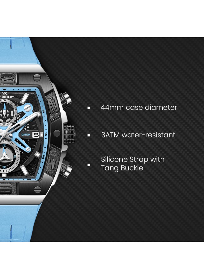 Kenneth Scott Men’s Chronograph Watch | Black Dial, Black Case, Blue Band, 44mm