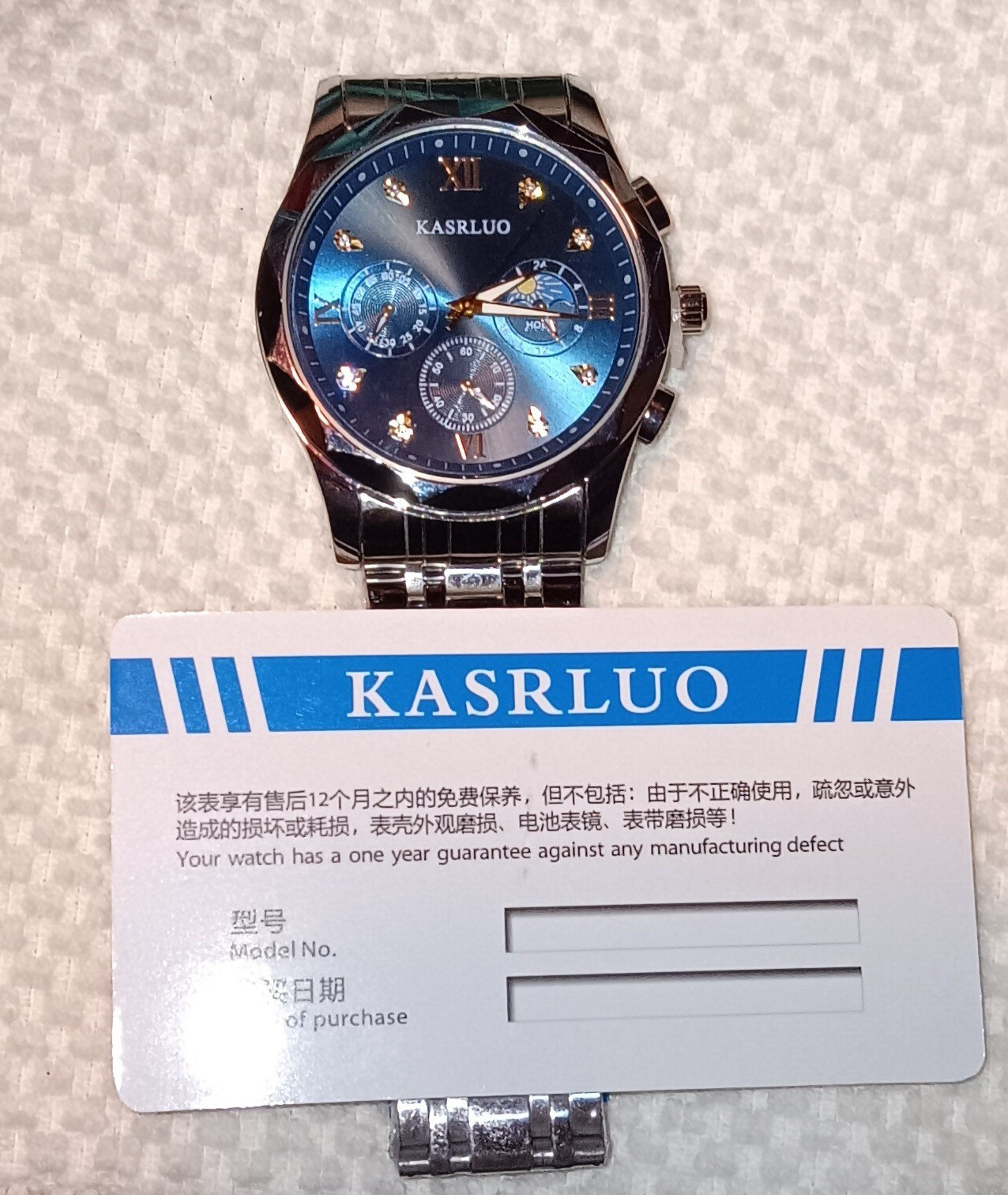 KASRLUO Men’s Silver Stainless Steel Blue Dial Wristwatch 24-Hour Day/Night