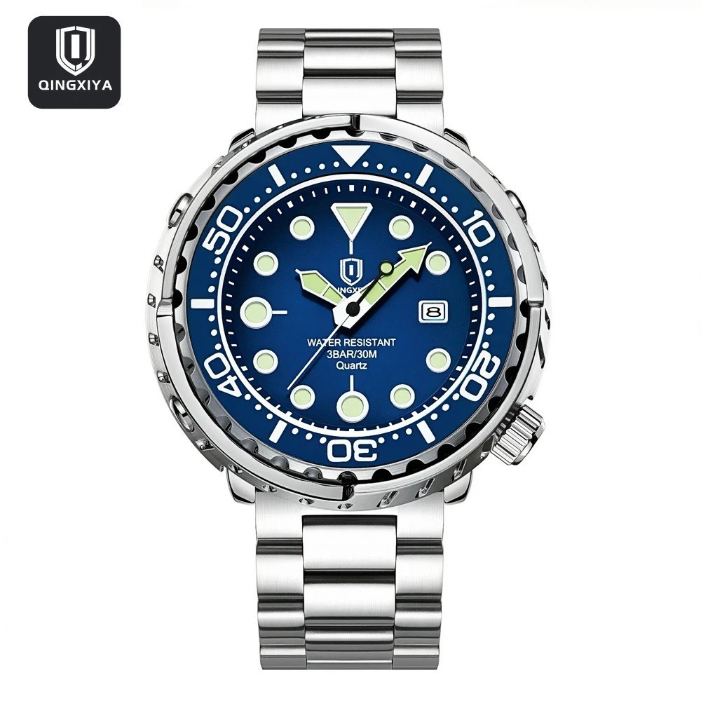 44MM QINGXIYA Tuna Quartz Mens Watch Stainless Steel 30M Waterproof Luminous NEW