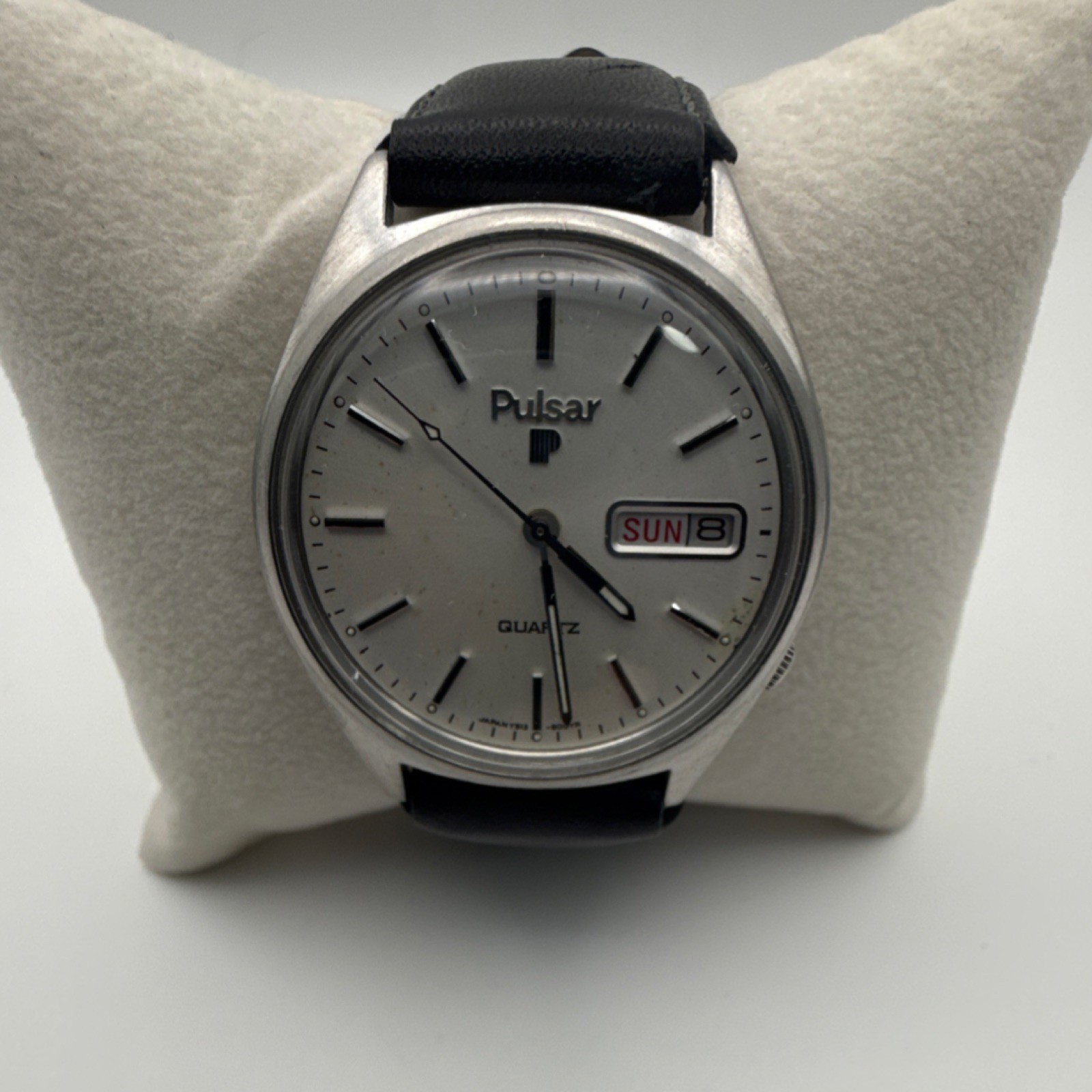 Pulsar Men’s Quartz Silver Dial Black Leather Watch Day Date Seconds Hand
