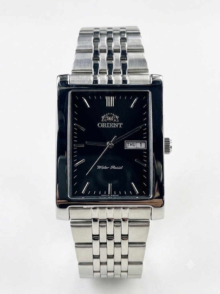 Orient Elegant Square Black Dial Men’s Watch Steel Band Day-Date Quartz