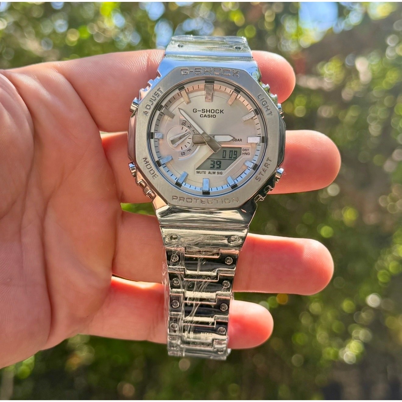 Casio G-Shock GM2110D-7A Full Stainless Steel Silver Dial Watch w/ Box & Case
