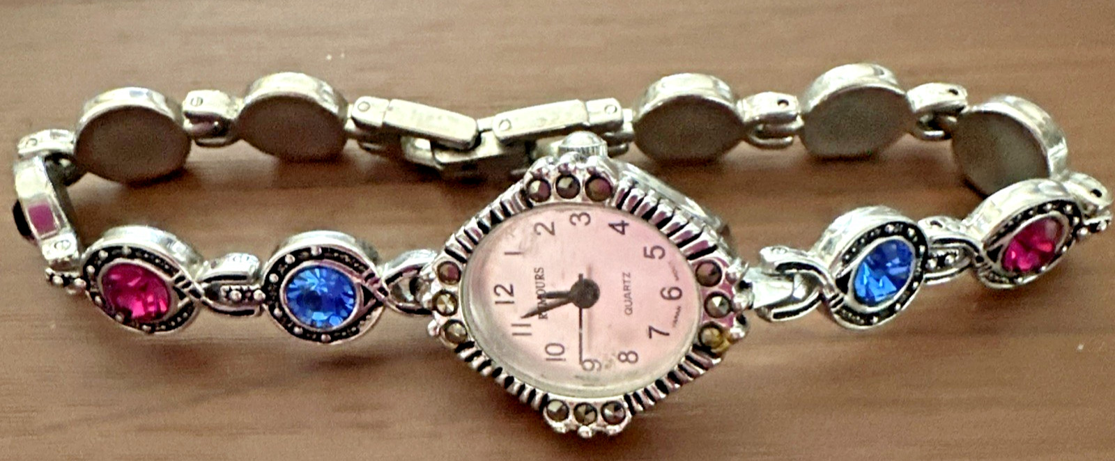 Rumours Quartz Bracelet Watch Silver Tone Red Blue Crystal Ladies Working VTG