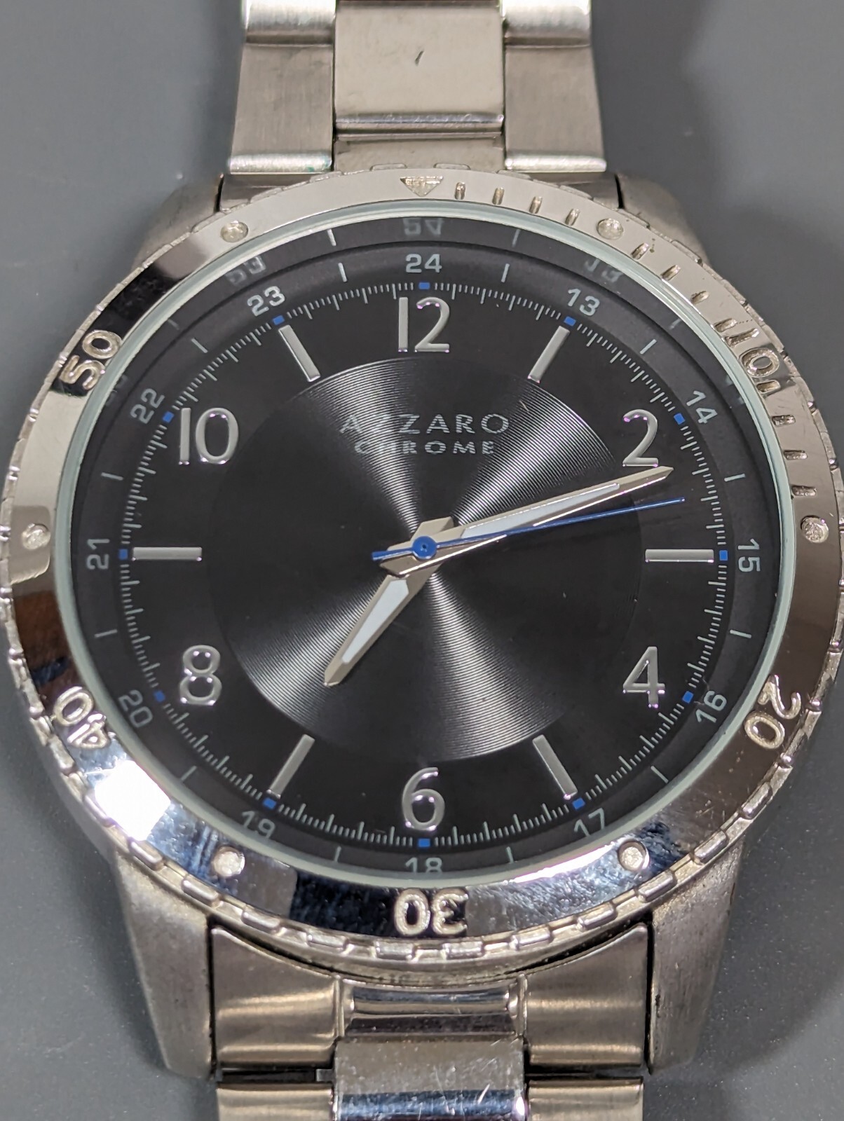 Mens Azzaro Chrome Black Dial Round Silver Tone 45 mm Stainless Steel Band Watch