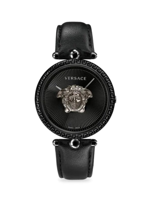VERSACE BLACK DIAL LOGO BLACK LEATHER STRAP SWISS QUARTZ MOVEMENT WATCH