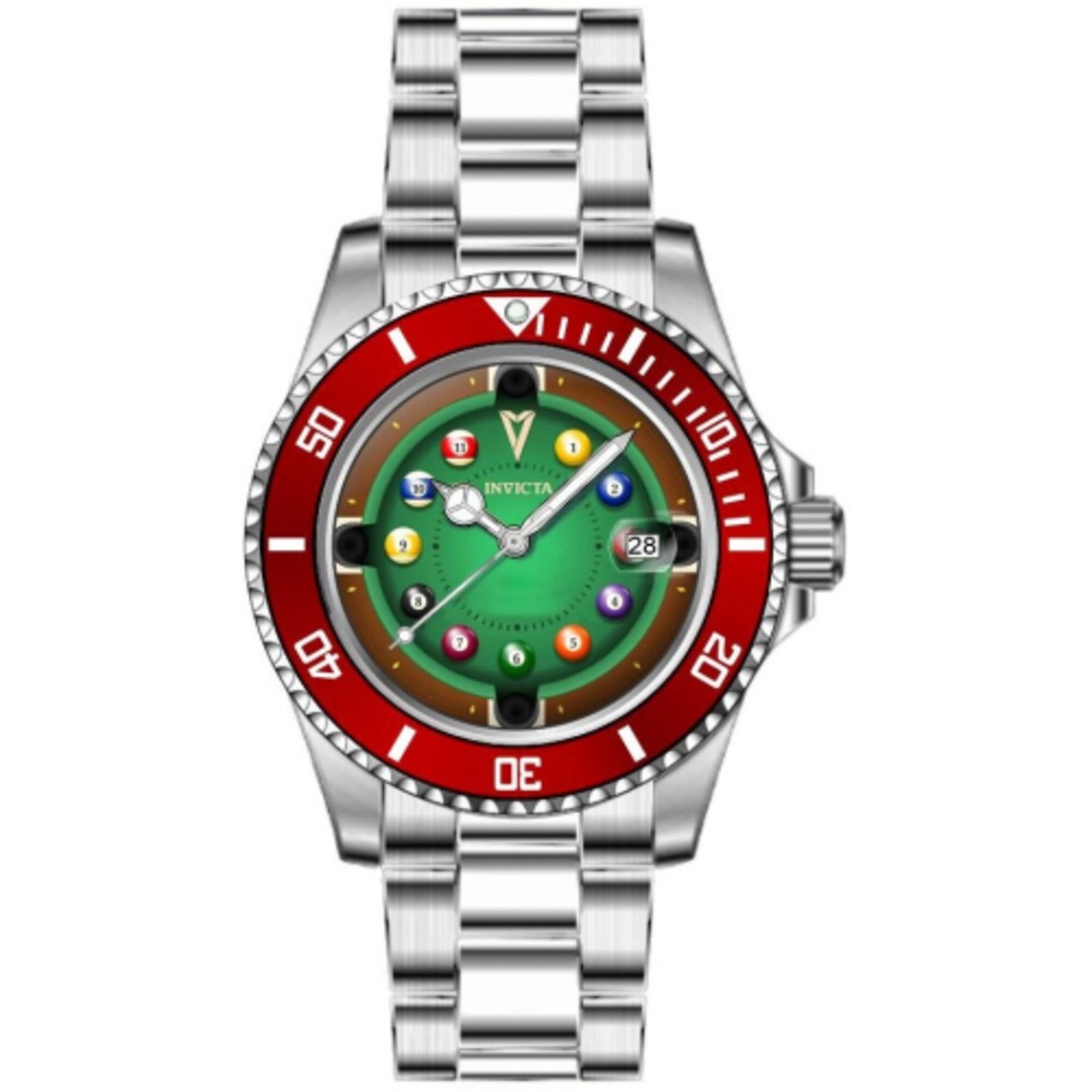 Invicta Men’s Watch Pro Diver Red and Green Dial Silver Steel Bracelet 50523