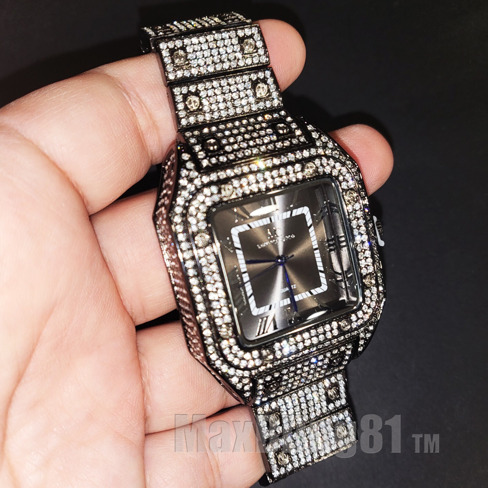 Men Luxury Iced Simulated Diamond Square Bracelet Metal Black Dress Watch