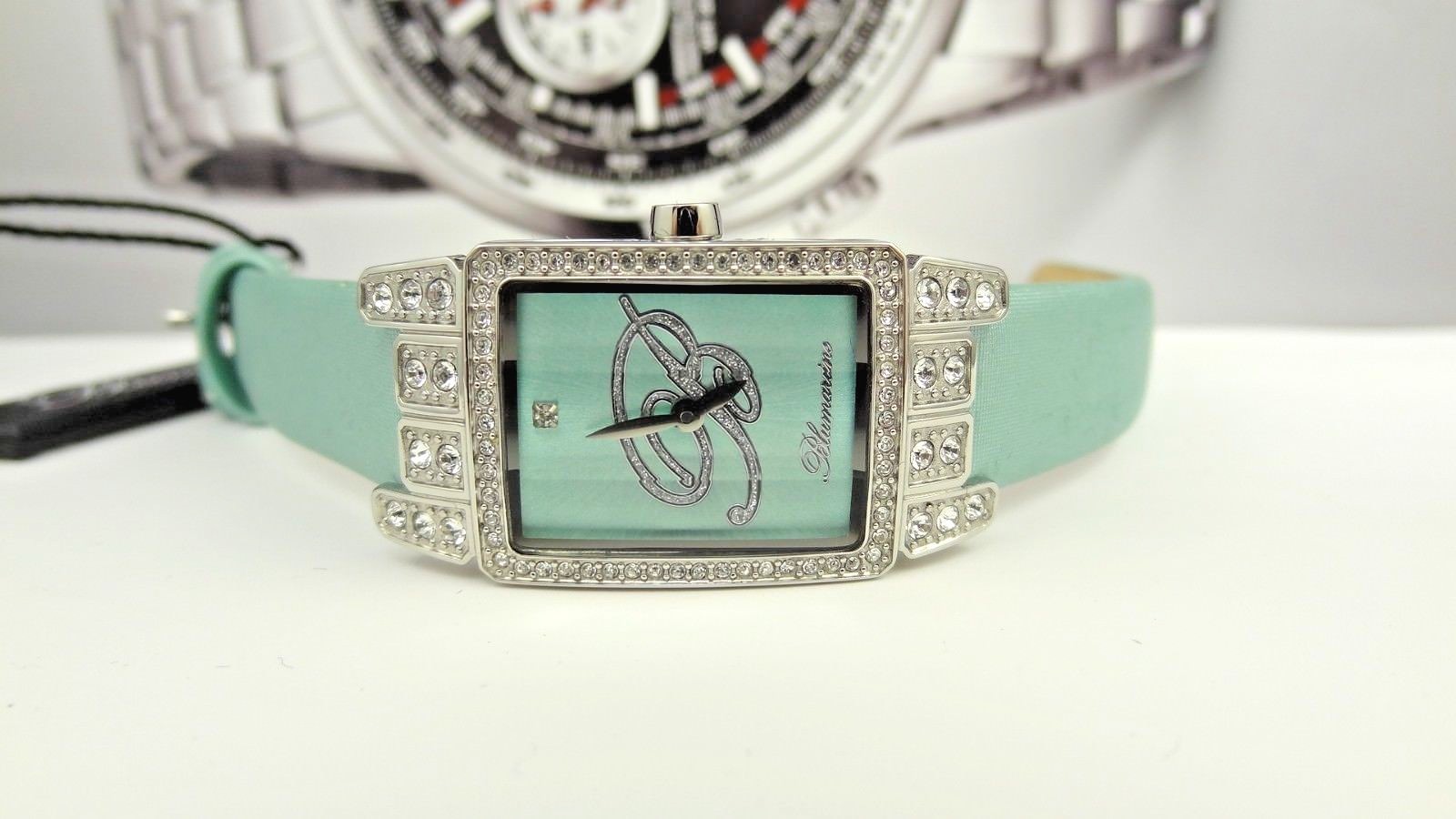 Blumarine 3153L Mint Leather/Fabric Band Crystals Silver Tone Women’s Watch