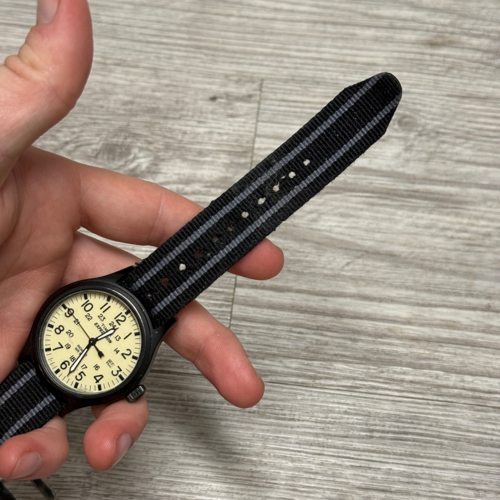 Timex Expedition Quartz Beige Dial Black Nylon Strap Indiglo Date WR 50m