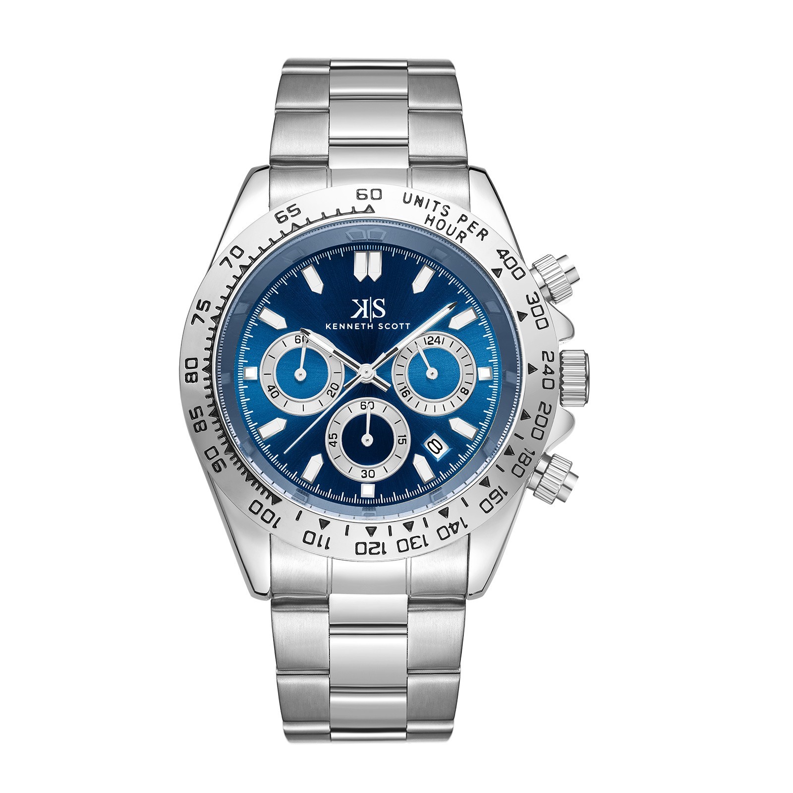 Kenneth Scott Men’s Multi Function Watch | Blue Dial, Silver Case & Strap