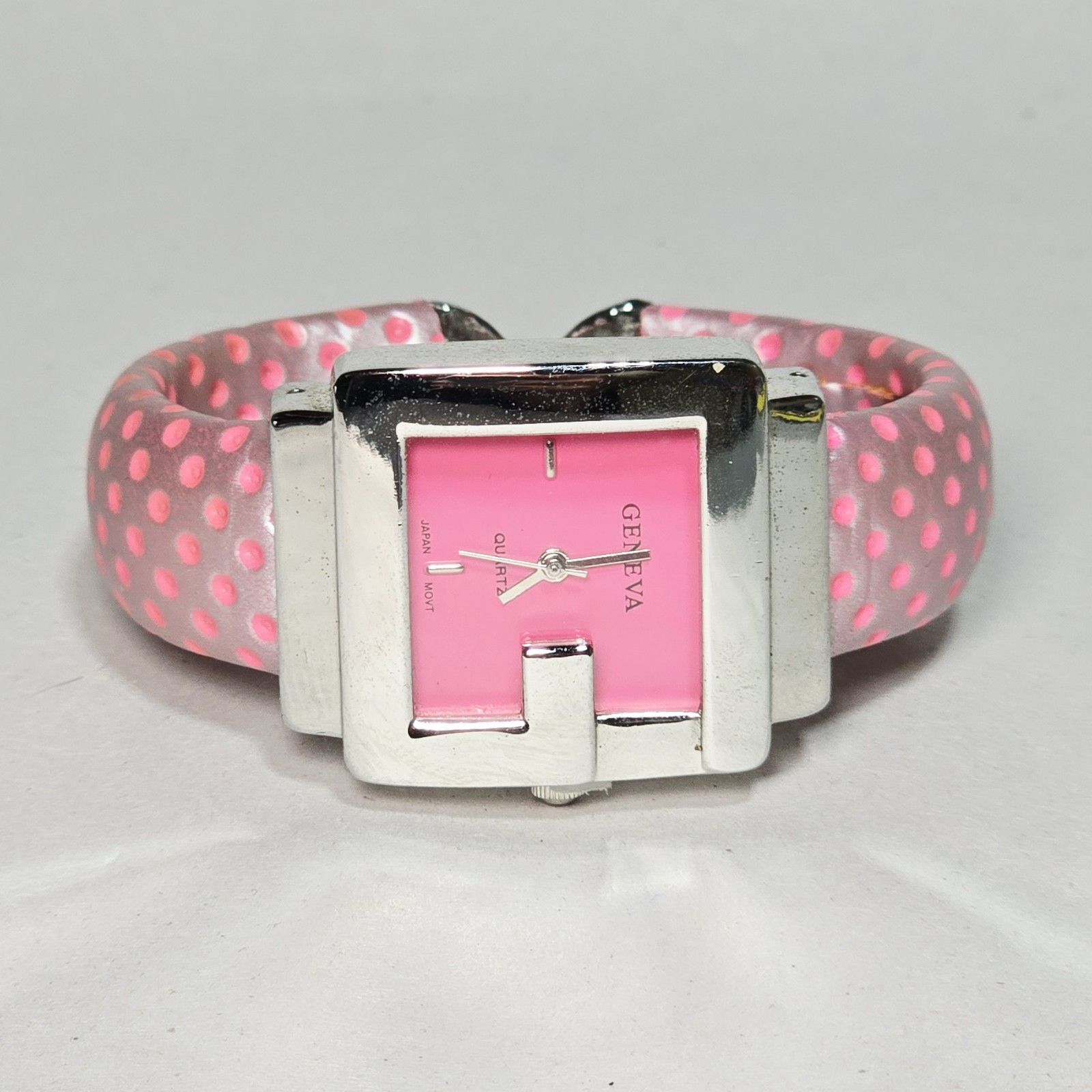 Geneva Bangle Watch Pink Polka Dot Quartz G Shape Bezel Vintage 2000s Retro