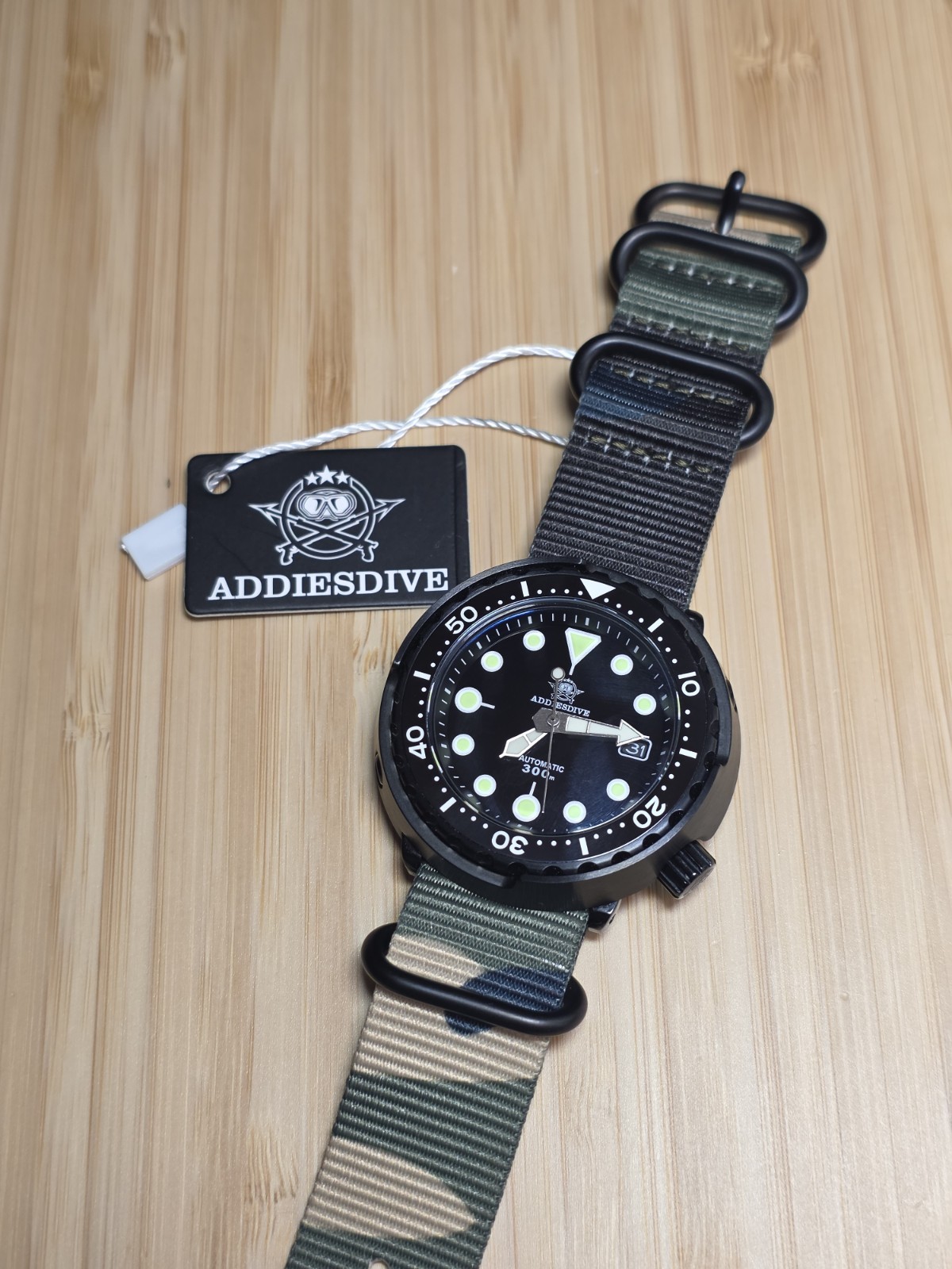 ADDIESDIVE Black Tuna Military Dive Watch Automatic 300M Camo Strap Sapphire