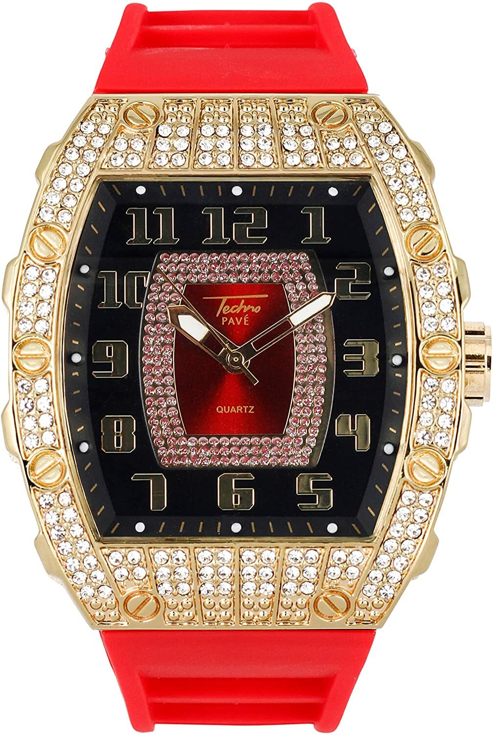 Men Iced Watch Bling Rapper Simulate Diamond Rubber Band Luxury Silver Gold Red