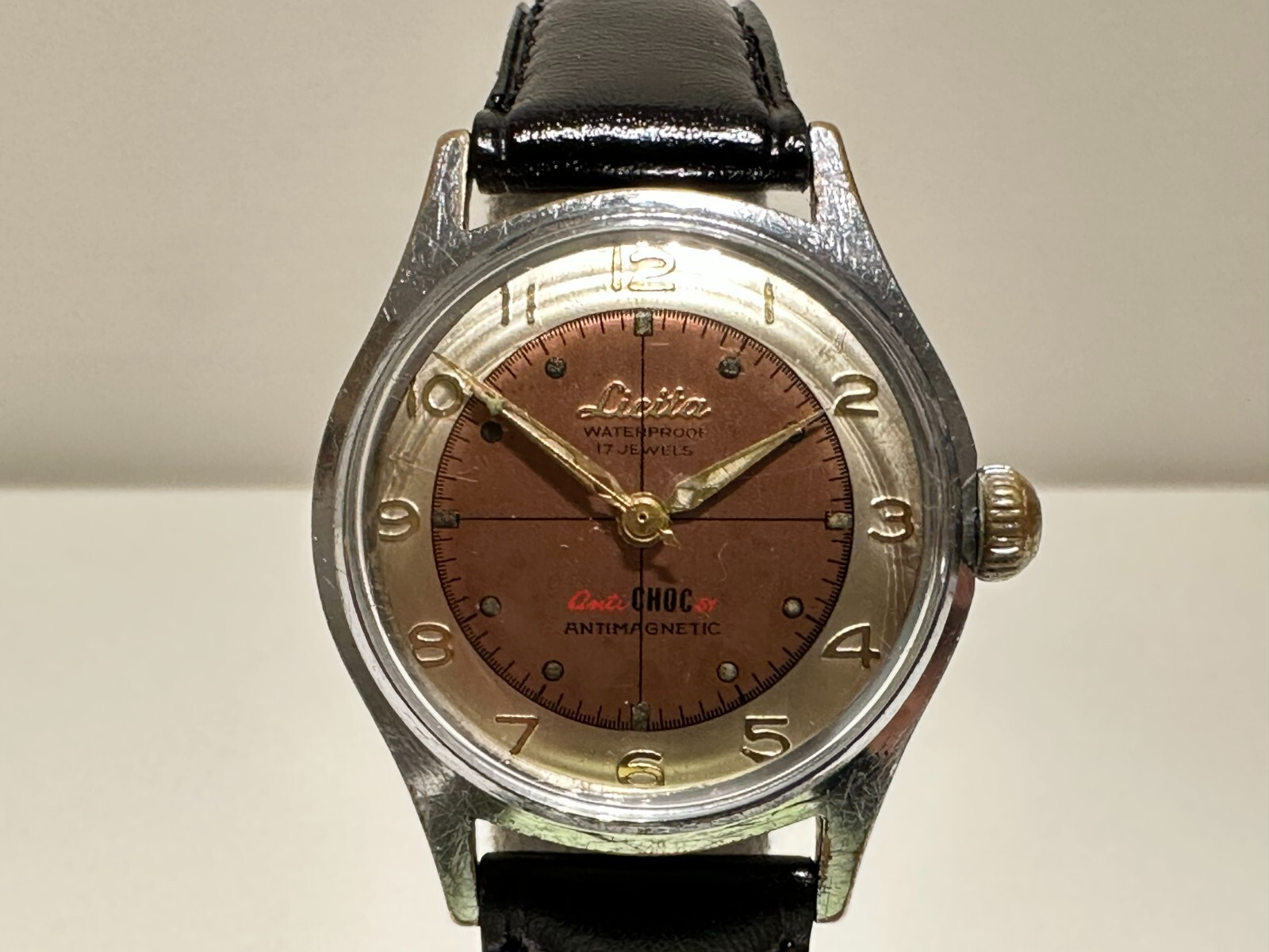 VINTAGE RARE CHROMED MECHANICAL FRANCE MEN’S WATCH “LICITA” 17J./TWO TONE DIAL