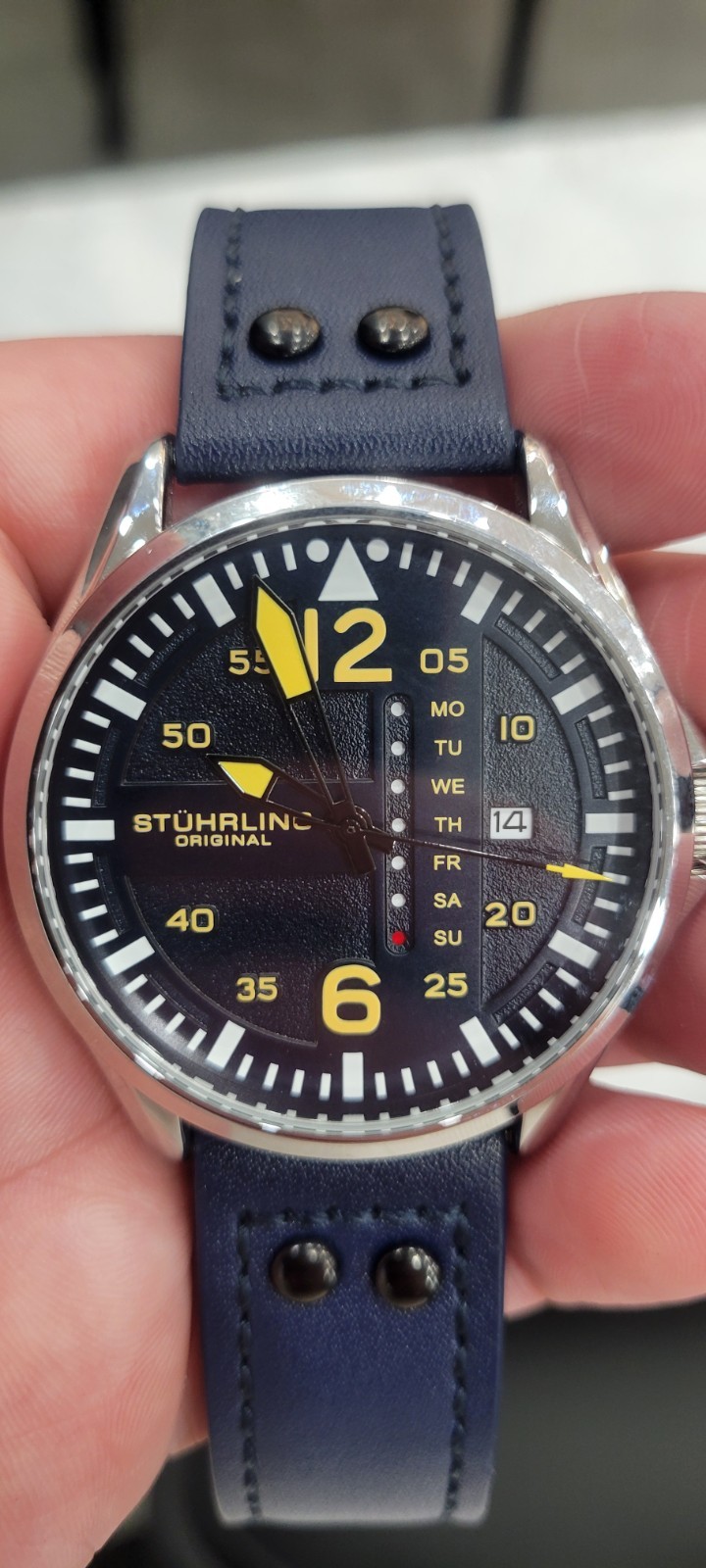 Stuhrling 3916 4 Aviator Day Date Blue Leather Strap Mens Watch