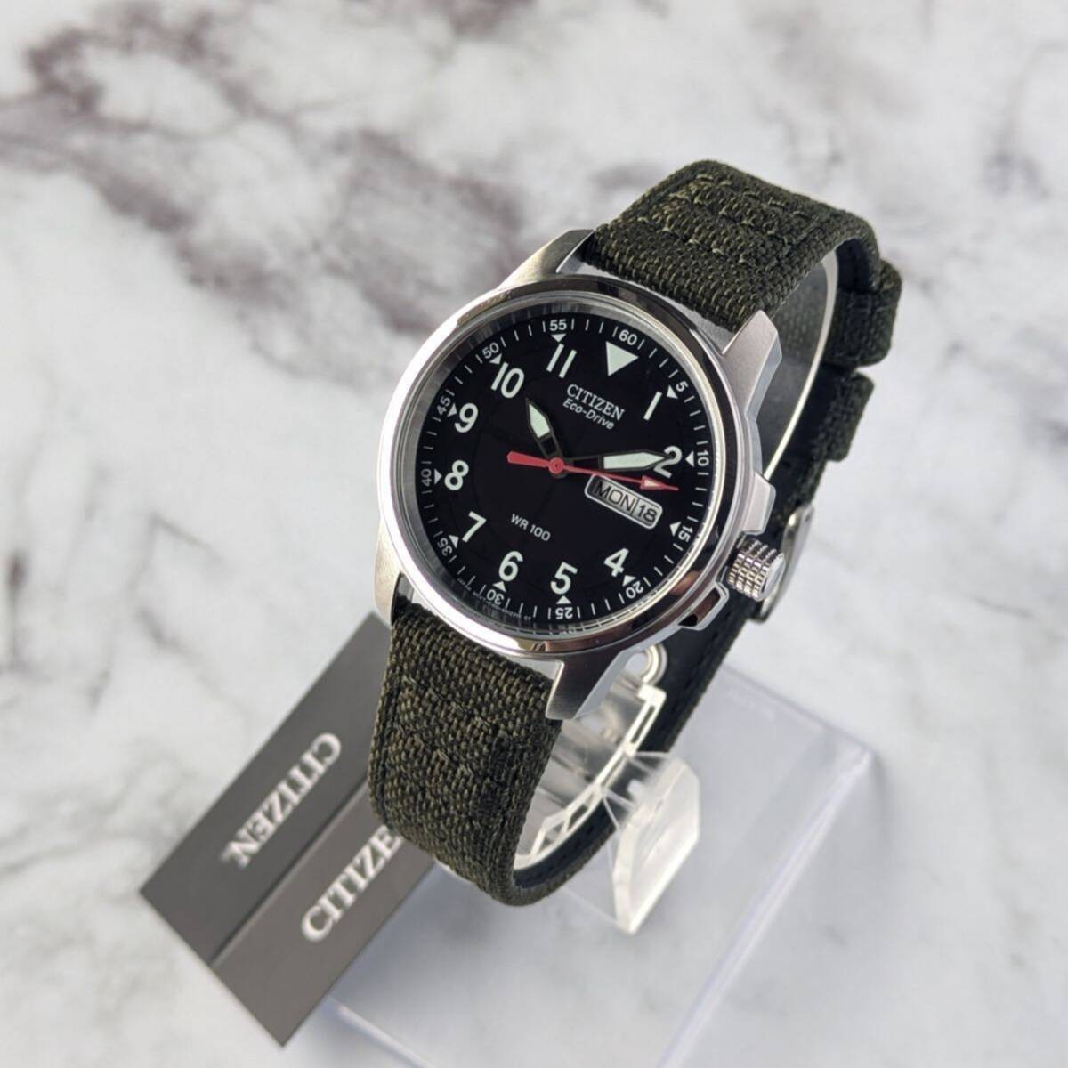 OH Completed Working CITIZEN Eco Drive BM8180 03E Solar Black Dial Military Canv