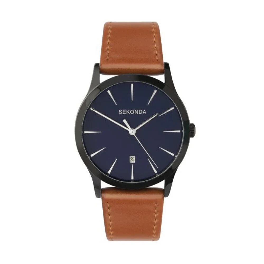 Mens Smart New Sekonda Black IP Blue Dial Brown Strap 38mm Date Watch 1514