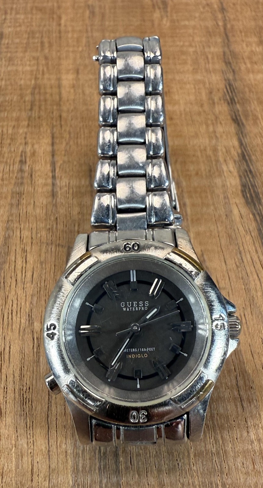 Guess Waterpro Watch Black Face Stainless Bracelet Indiglo 50M WR Quartz