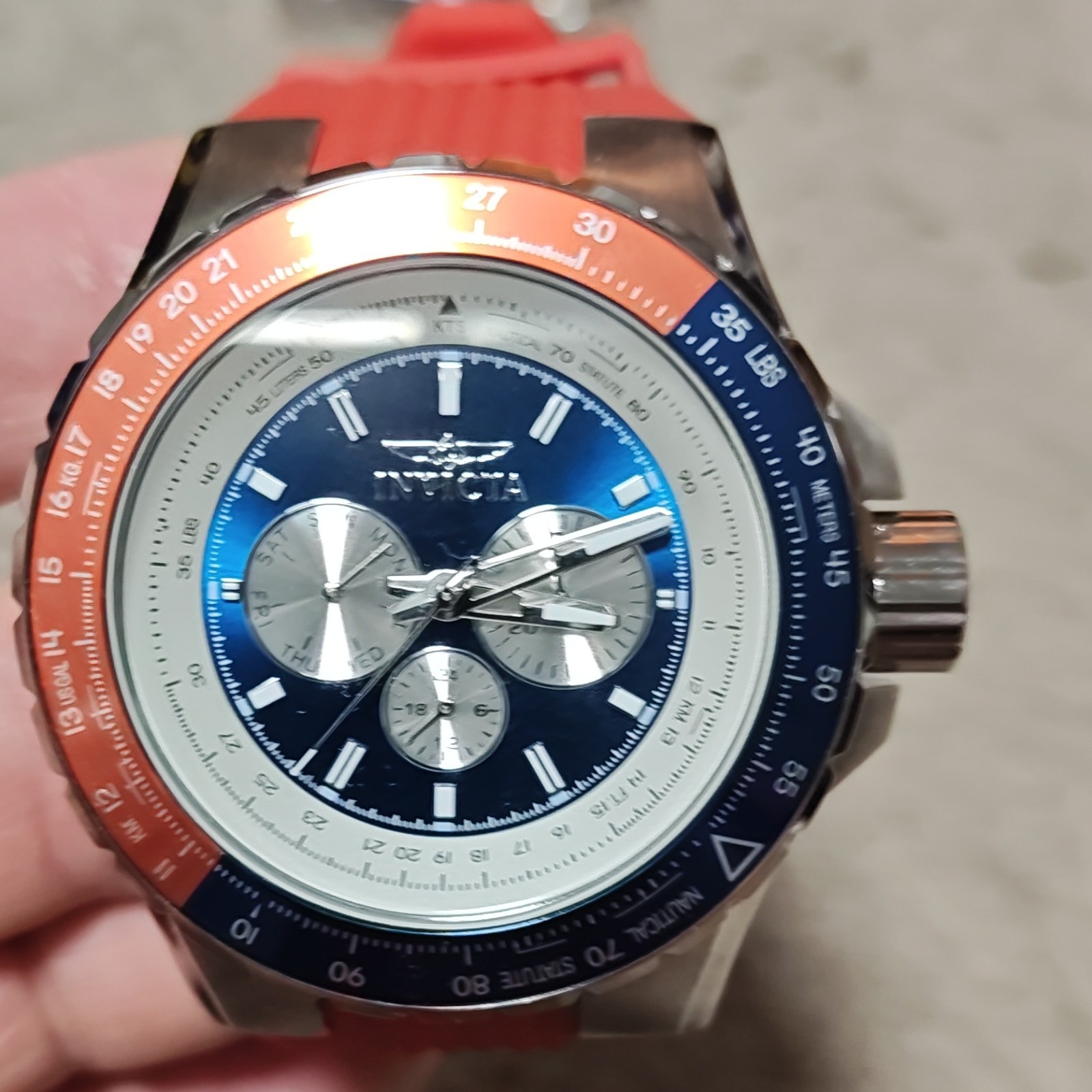 Invicta Aviator Quartz Chronograph Men’s Watch Blue Dial Red Silicone 50mm