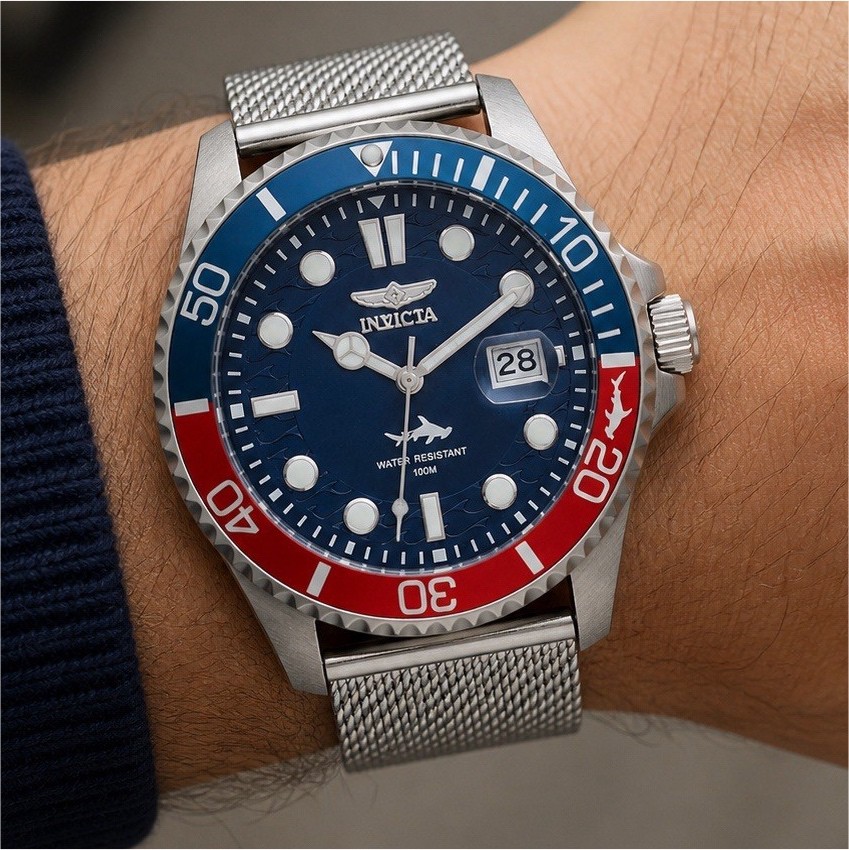 Invicta Men’s Diver Analog Wristwatch Blue Dial Mesh Band Red/Blue Bezel 100M
