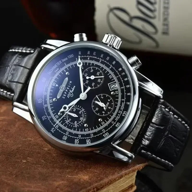 Men Luxury Business Casual Watch Leather Strap Airship Style Quartz Wristwatch