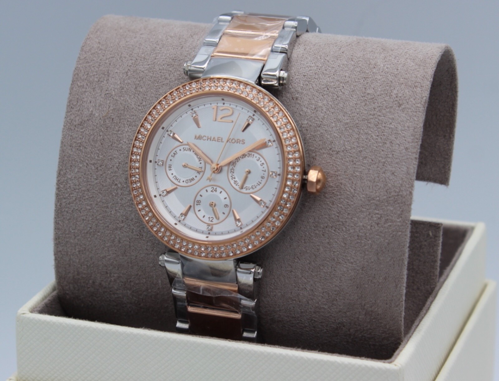 NEW AUTHENTIC MICHAEL KORS PARKER CHRONO SILVER ROSE GOLD MK6301 WOMEN’S WATCH