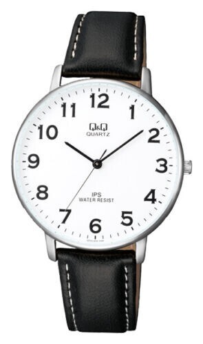 Q&Q MENS CLASSIC SILVER TONE WHITE DIAL BLACK LEATHER STRAP WATCH