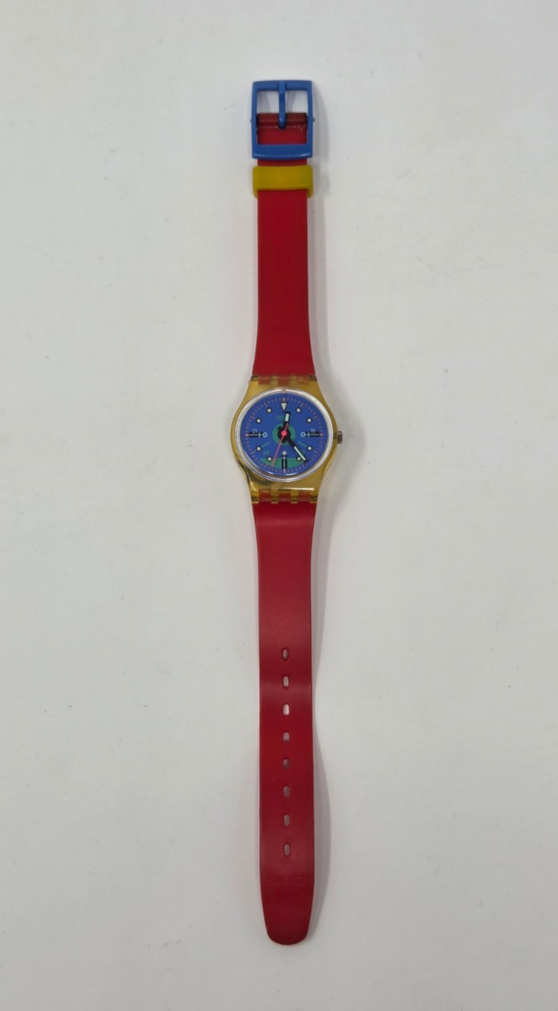 Vintage Swatch Watch Lady Frontloop LK110 1988 New Battery Red Blue 25mm