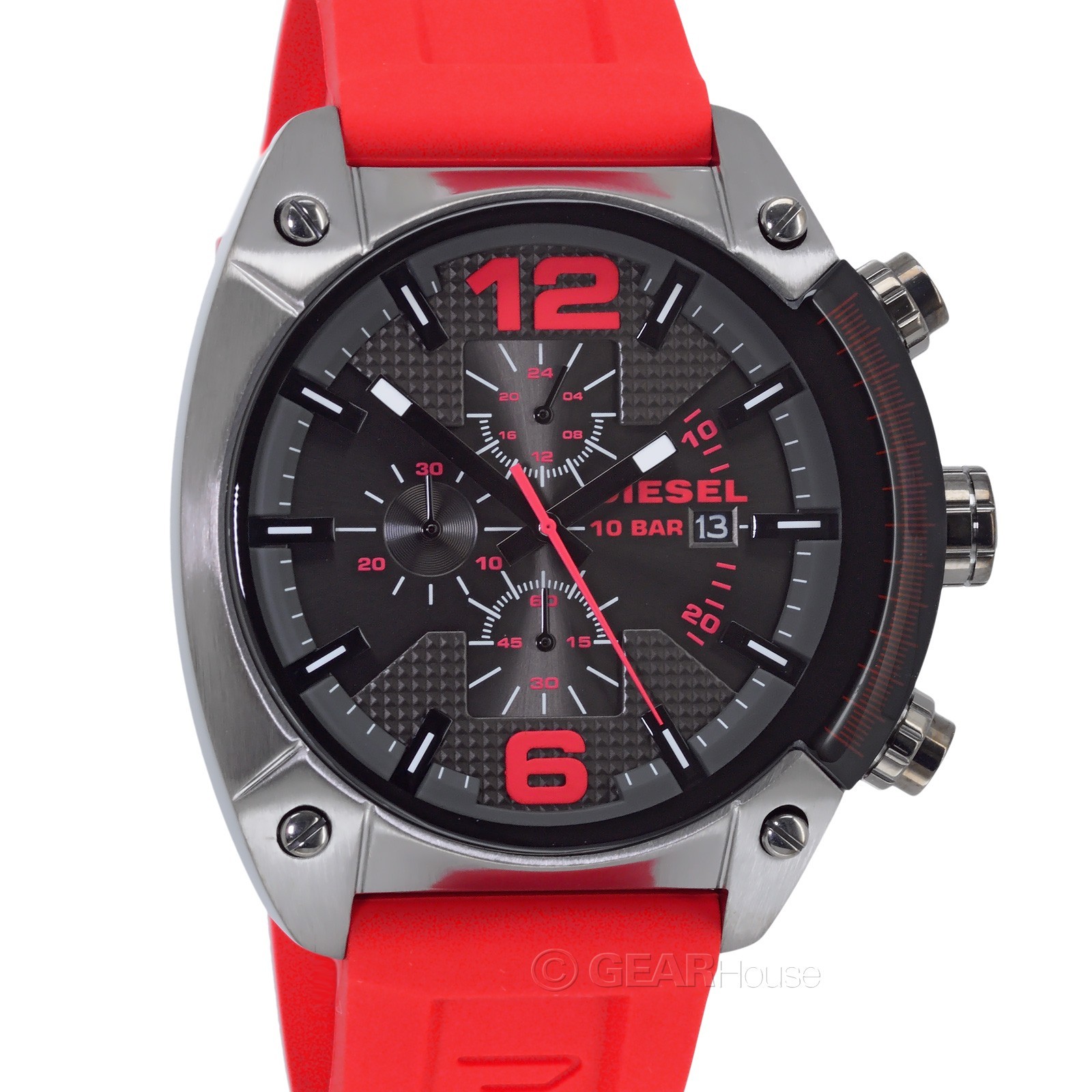 DIESEL Overflow Mens Chronograph Watch, Gunmetal Gray Dial, Red Silicone Band