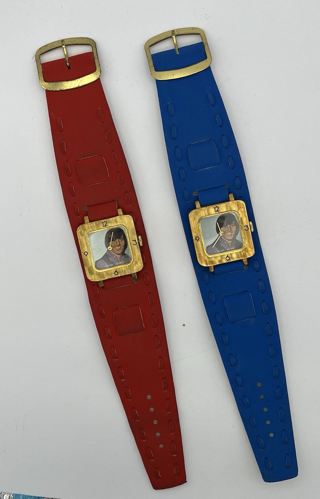 (2) Vtg Bobby Sherman Leather Wrist watches .(1) Red and (1) Blue