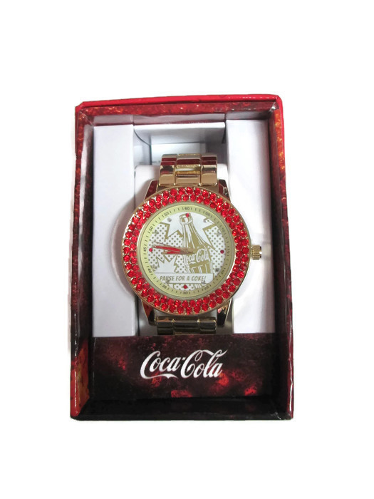 Coca-Cola Accutime Red Crystal Bevel Watch 42 mm Gold-tone- BRAND NEW