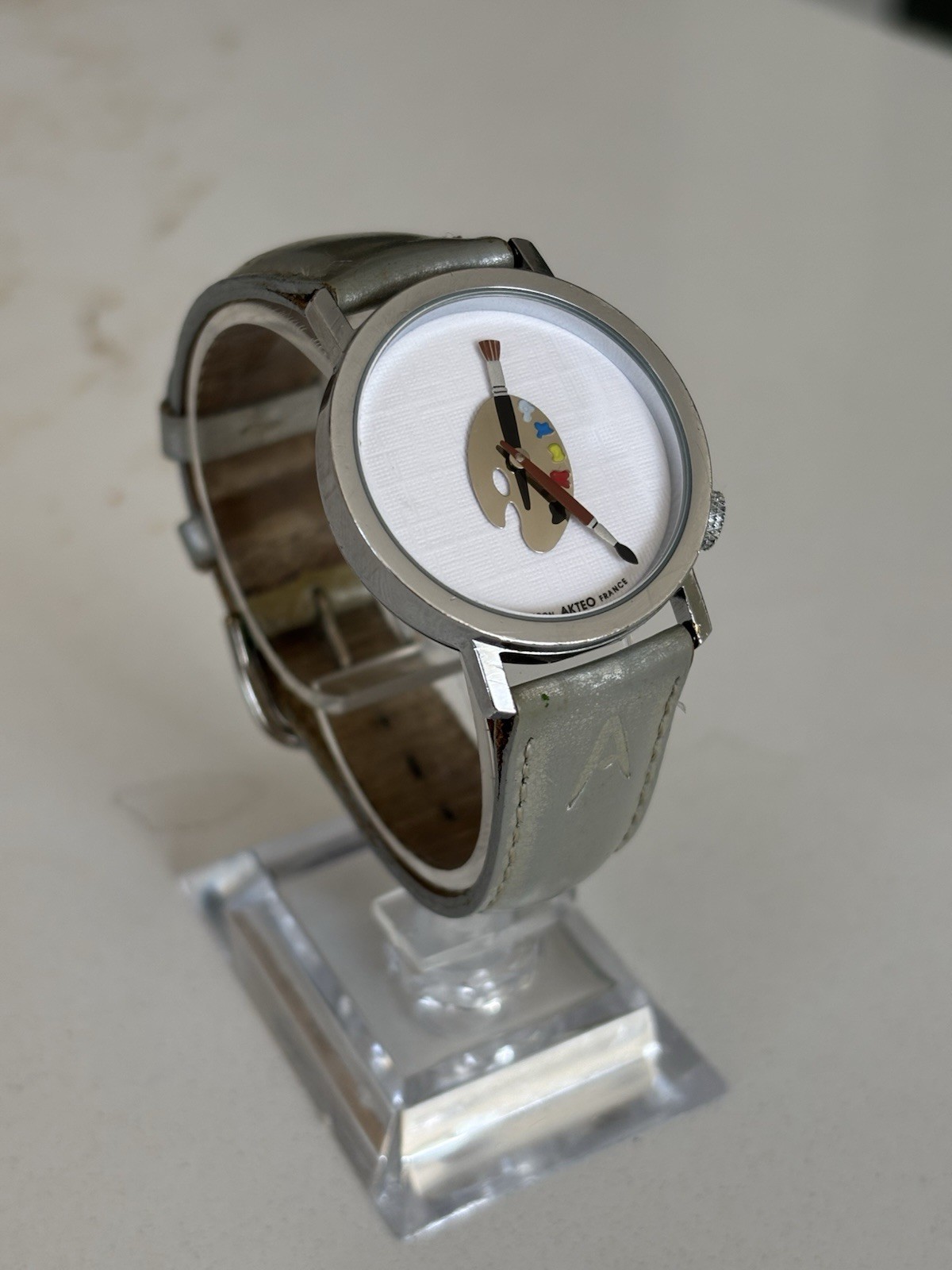 Akteo Womens Watch 25mm Silver Tone Tan Leather Artist Palette New Battery