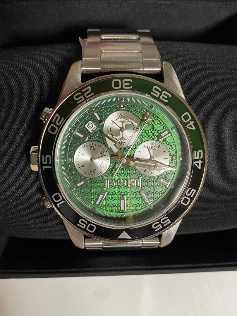 Just Cavalli Chronograph Green Dial Green Black Bezel Silver Belt Mens Watch