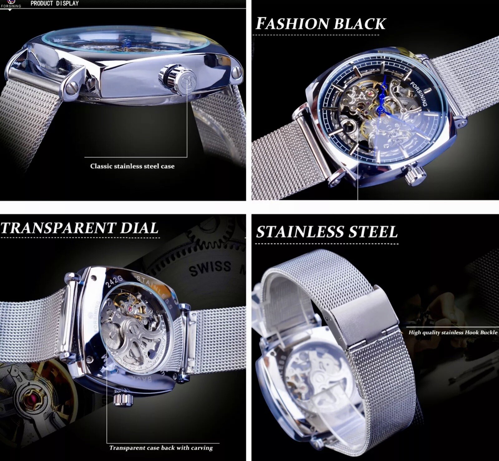 FORSINING Skeleton Transparent Self Winding Watch Stainless Mesh Band. Gift Idea