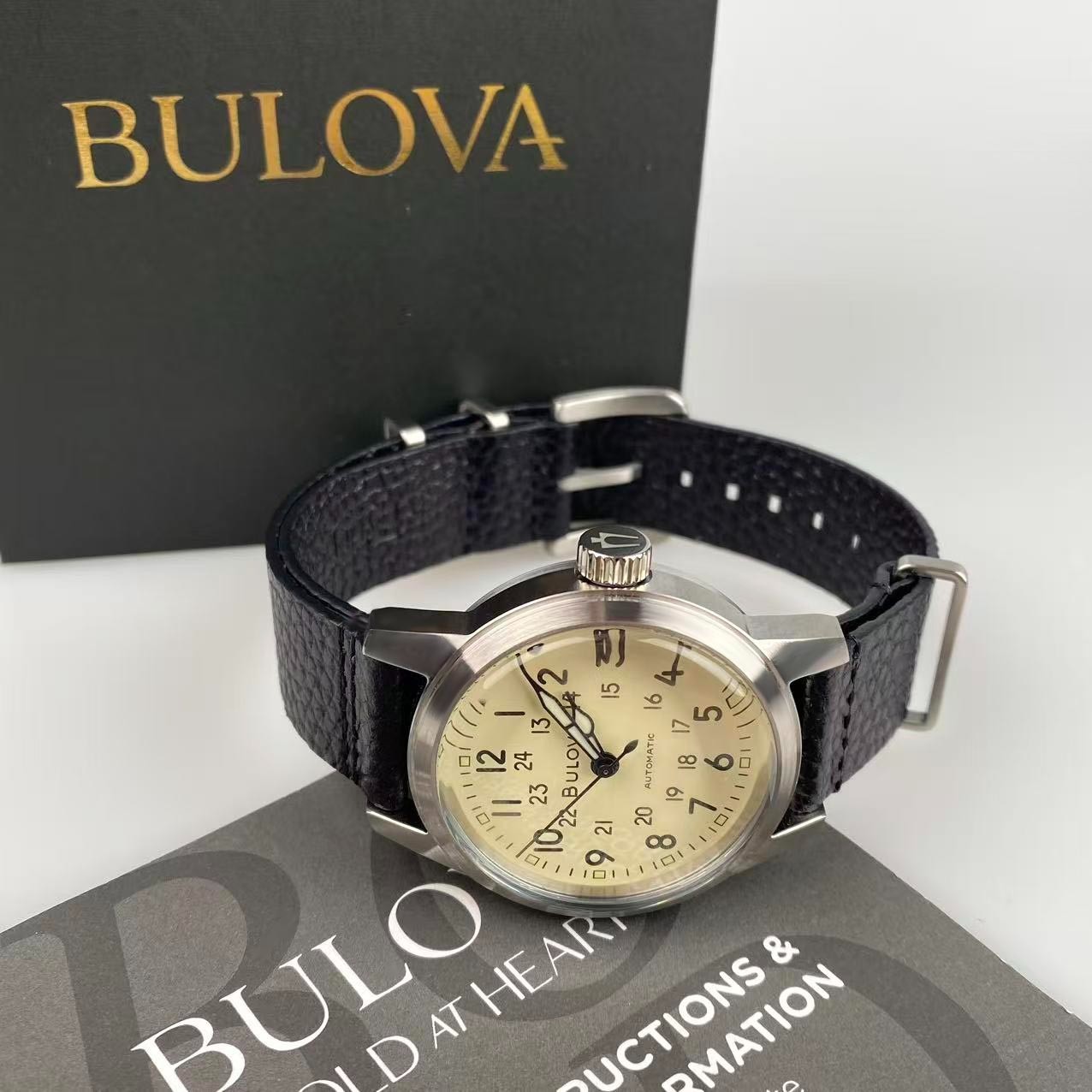 Bulova Hack Watch 96A246 Ivory Dial Leather Strap Men’s Automatic Watch 38 mm