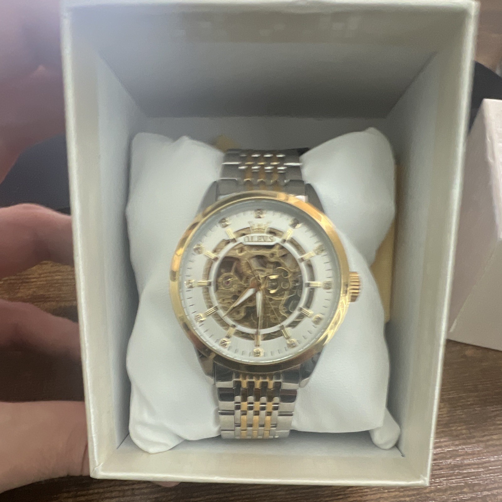 OLEVS Men’s Automatic Skeleton Dial Two-Tone Bracelet 30m 40-43.9mm Box
