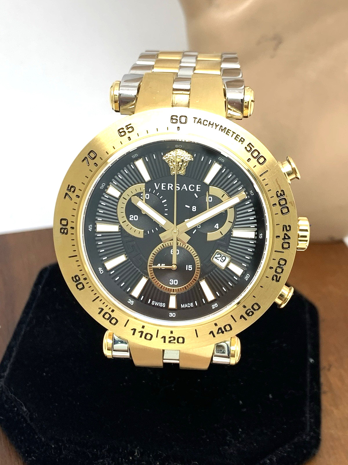 Versace Men’s Watch VEJB00622 Swiss Quartz Chronograph Black Dial Two Tone Steel