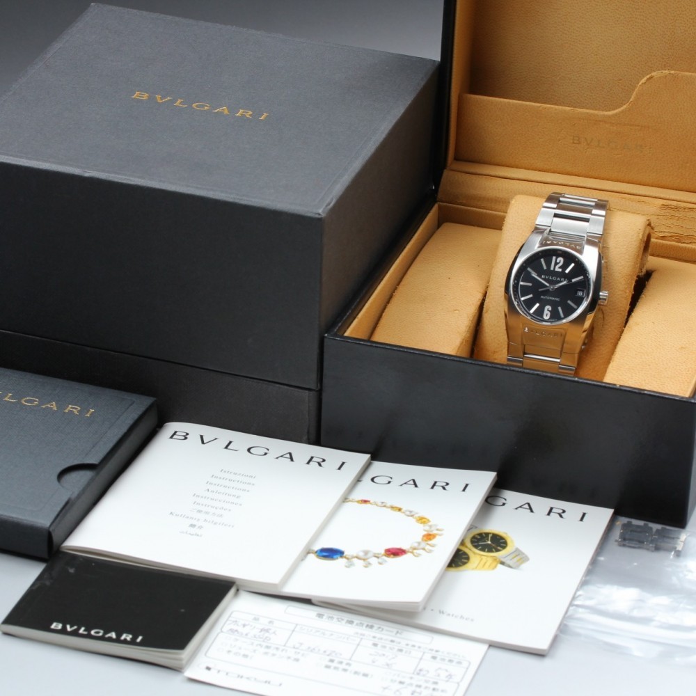 Near MINT BVLGARI Elgon EG35S Date Black Silver Auto 35mm Men’s Watch w/ Box
