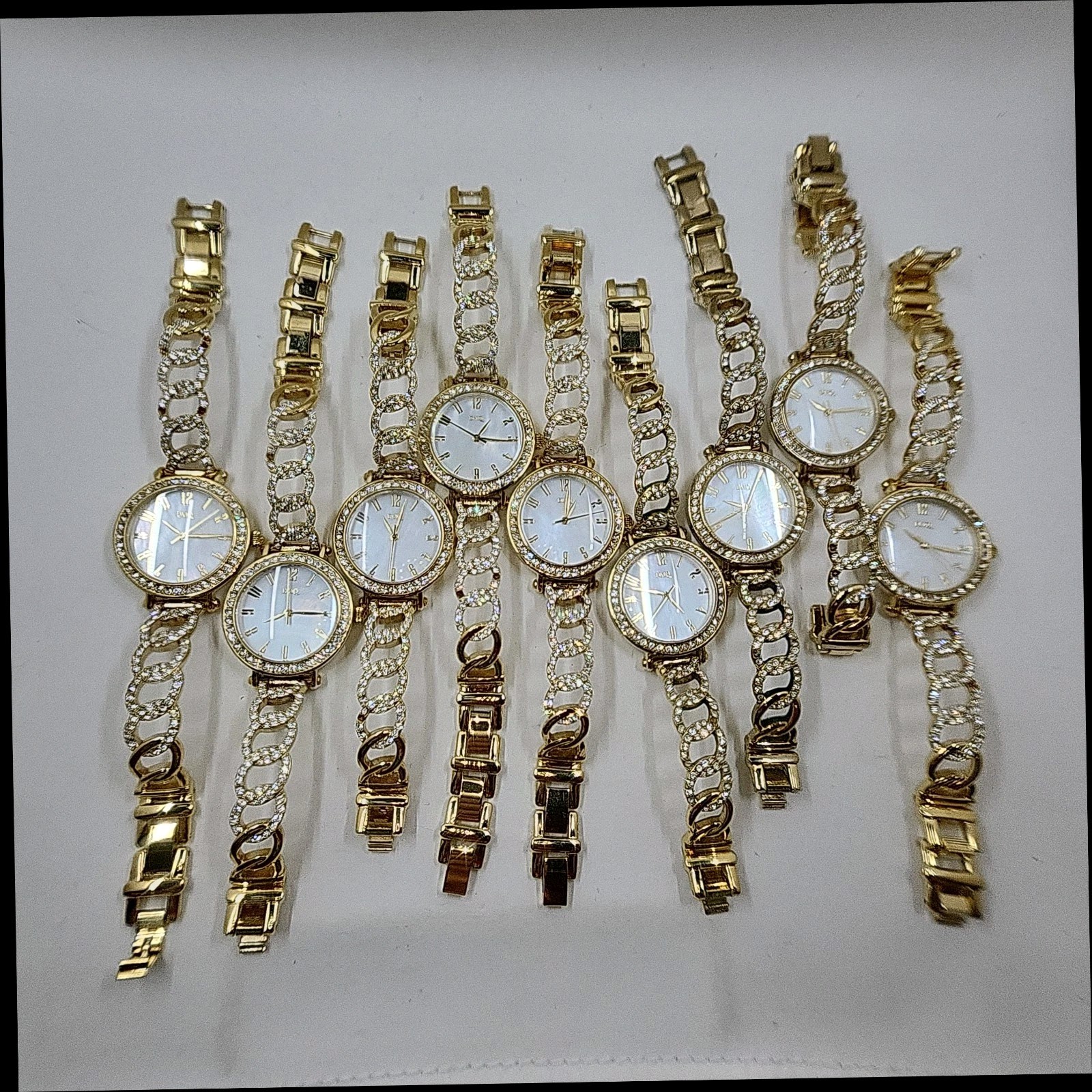 Lot of 9 Diamonique Pave CZ Chain Link Stainless Steel Watch, Goldtone Defective