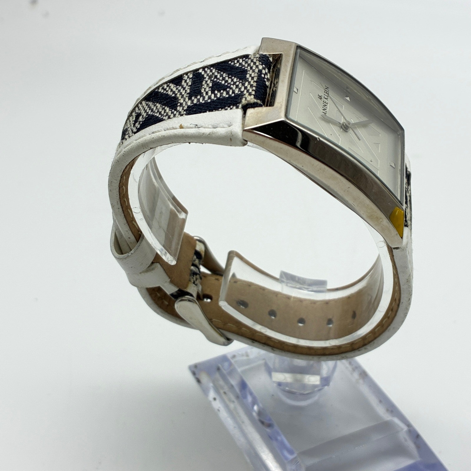 Anne Klein Women Silver Tone Rectangular Watch Monogram Fabric Leather 10/8601