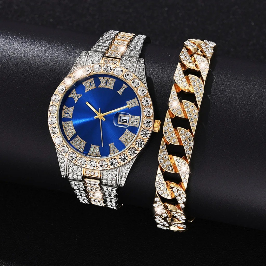 2PCS Men’s Quartz Watch & Bracelet Set Full Diamond Steel Band Roman Dial