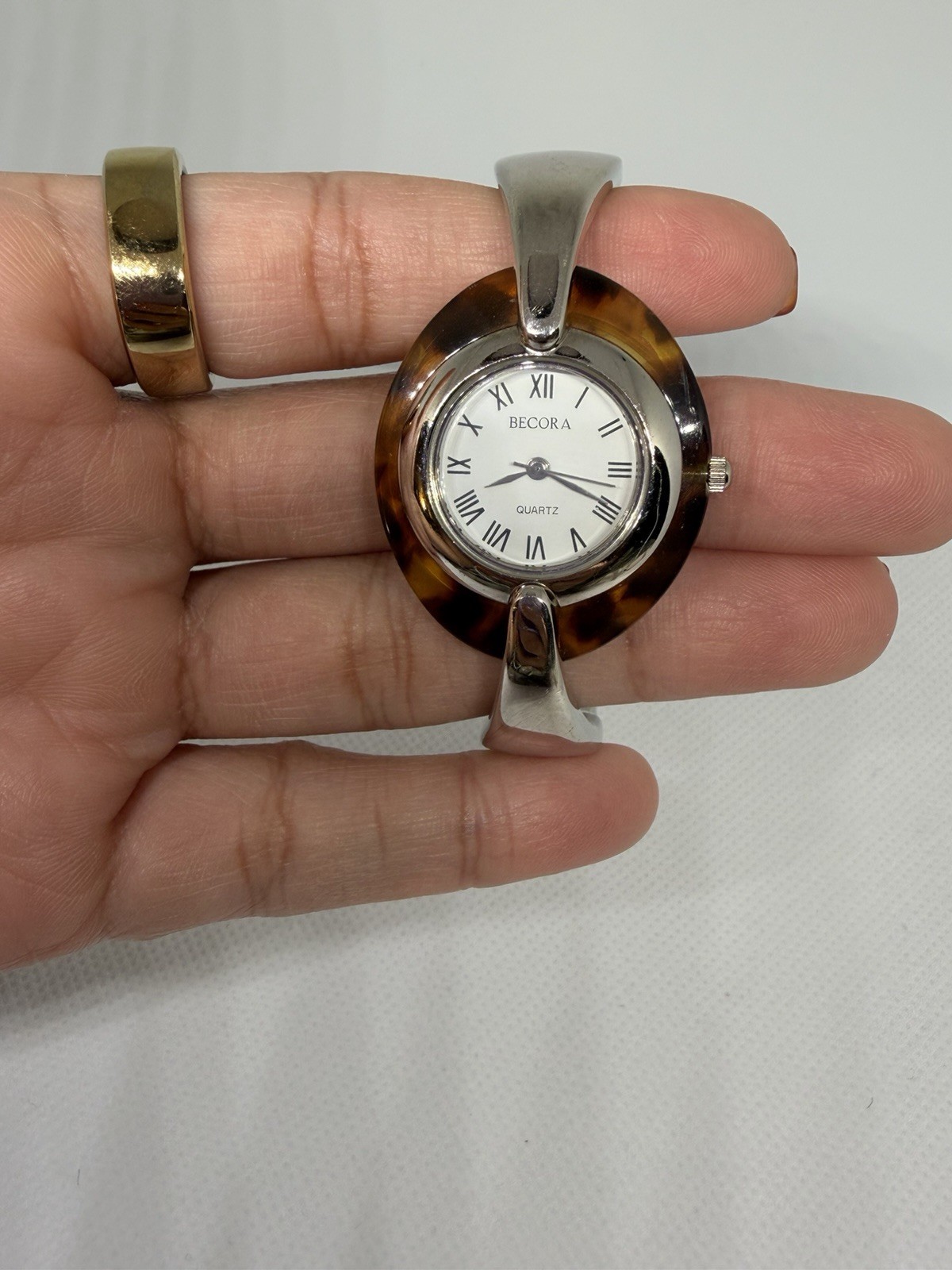 Becora Quartz Hinged Bangle Watch Silver Tone & Tortoiseshell Women’s Bracelet