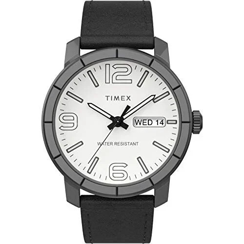 Timex TW2U30400, Men’s Black Leather Watch, Day/Date, 44MM Case