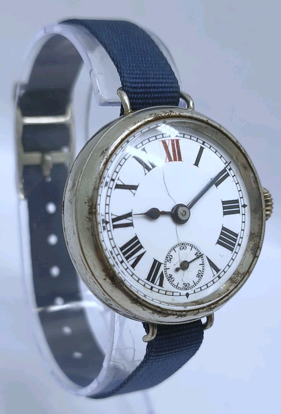 Vtg c1914 WWI Era Swiss Nickel Chrome Plated 33mm Gents Trench Watch Runs Fast