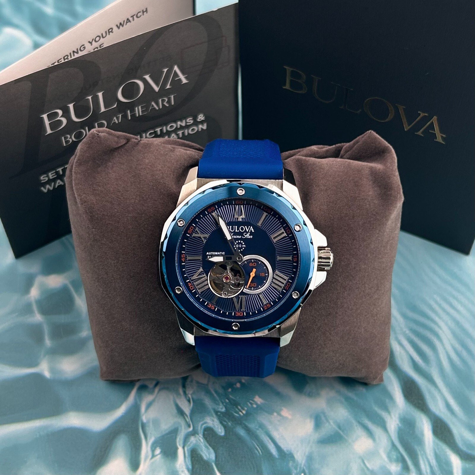 Bulova Marine Star Blue Dial Blue Rubber Strap 98A303 Men’s Automatic Watch 45mm